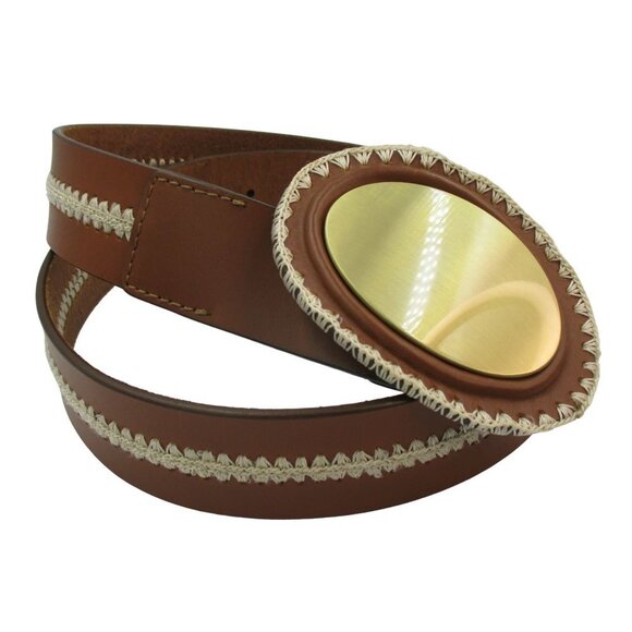 Chico\'s Western Belt Brown Beige Leather Adjustable Hook Eye Embroidered 36-40